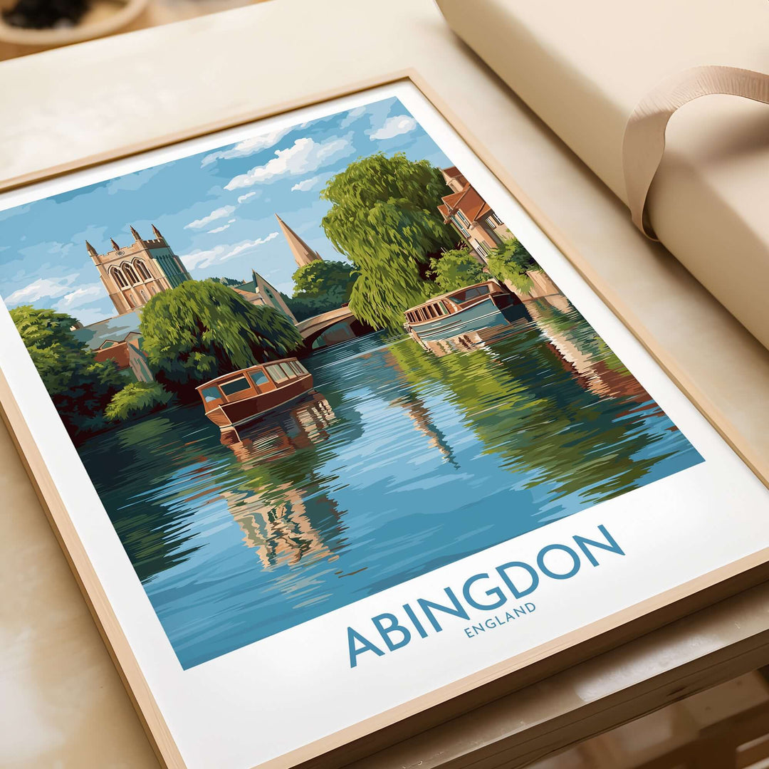 Abingdon Oxfordshire landscape wall art featuring boats on the river and historic architecture.