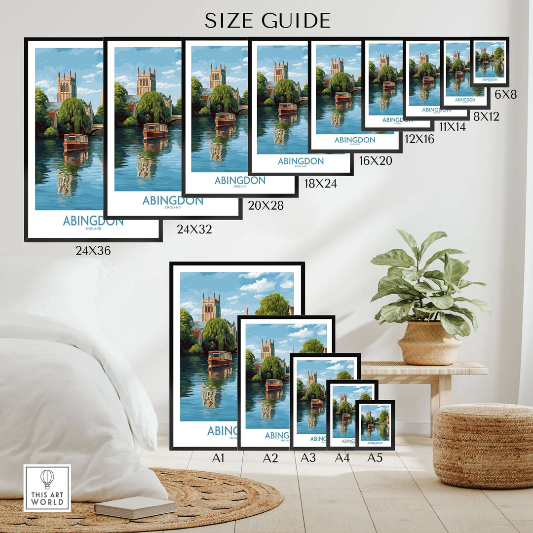 Size guide for Abingdon Oxfordshire Landscape Wall Art in various dimensions displayed in a cozy room.