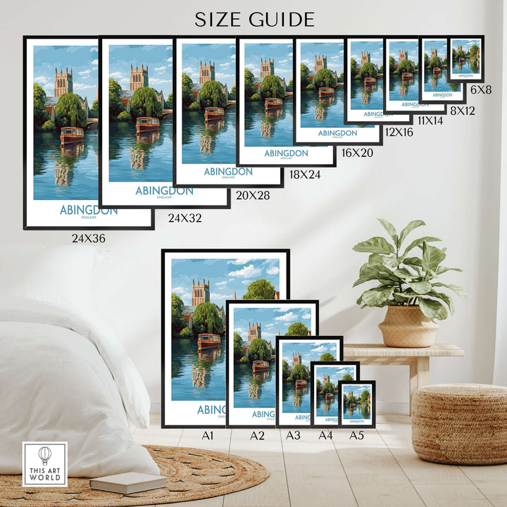Size guide for Abingdon Oxfordshire Landscape Wall Art in various dimensions displayed in a cozy room.