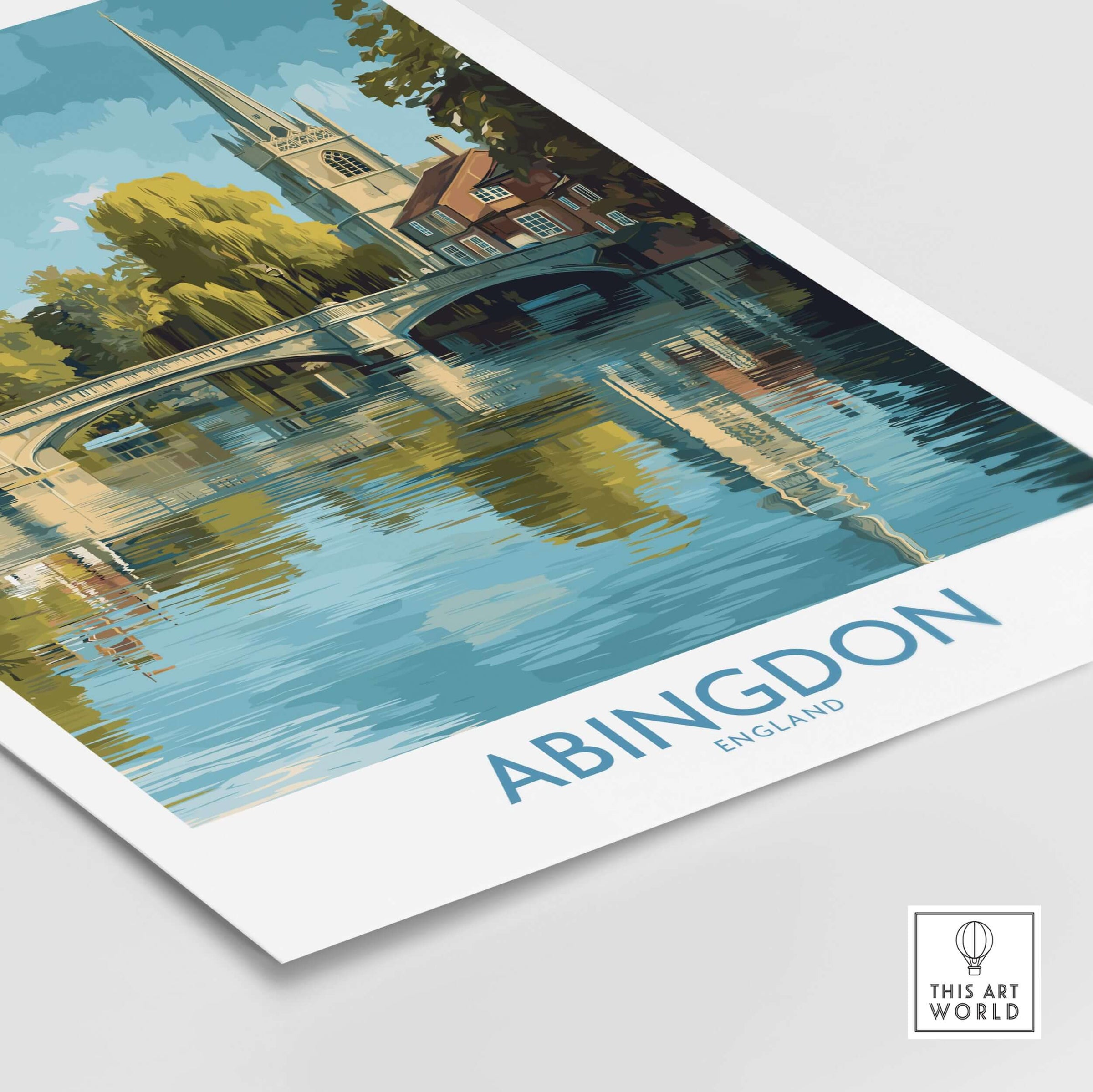 Abingdon Thames Valley Artwork - English Village Travel Poster showcasing a serene English village scene with a bridge and reflections.