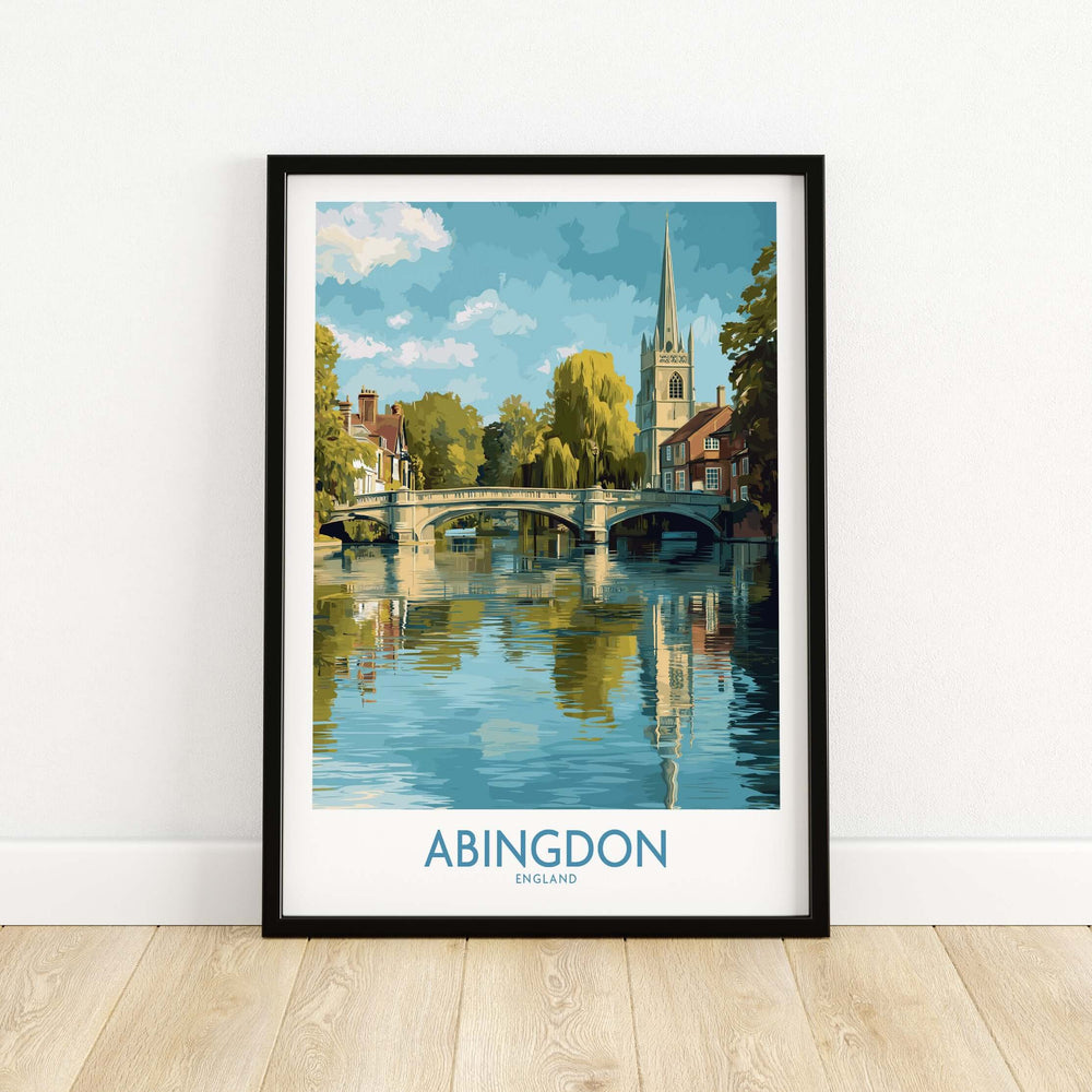 Framed Abingdon Thames Valley artwork depicting the scenic English village and river reflection.