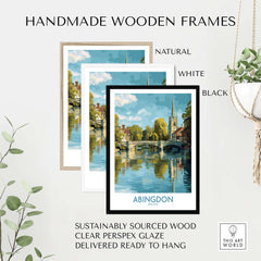 Abingdon Thames Valley Artwork - English Village Travel Poster framed in natural, white, and black handmade wooden frames.
