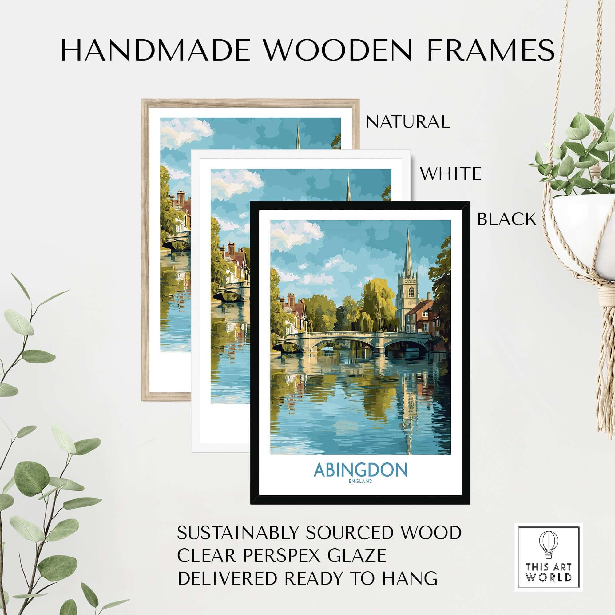 Abingdon Thames Valley Artwork - English Village Travel Poster framed in natural, white, and black handmade wooden frames.