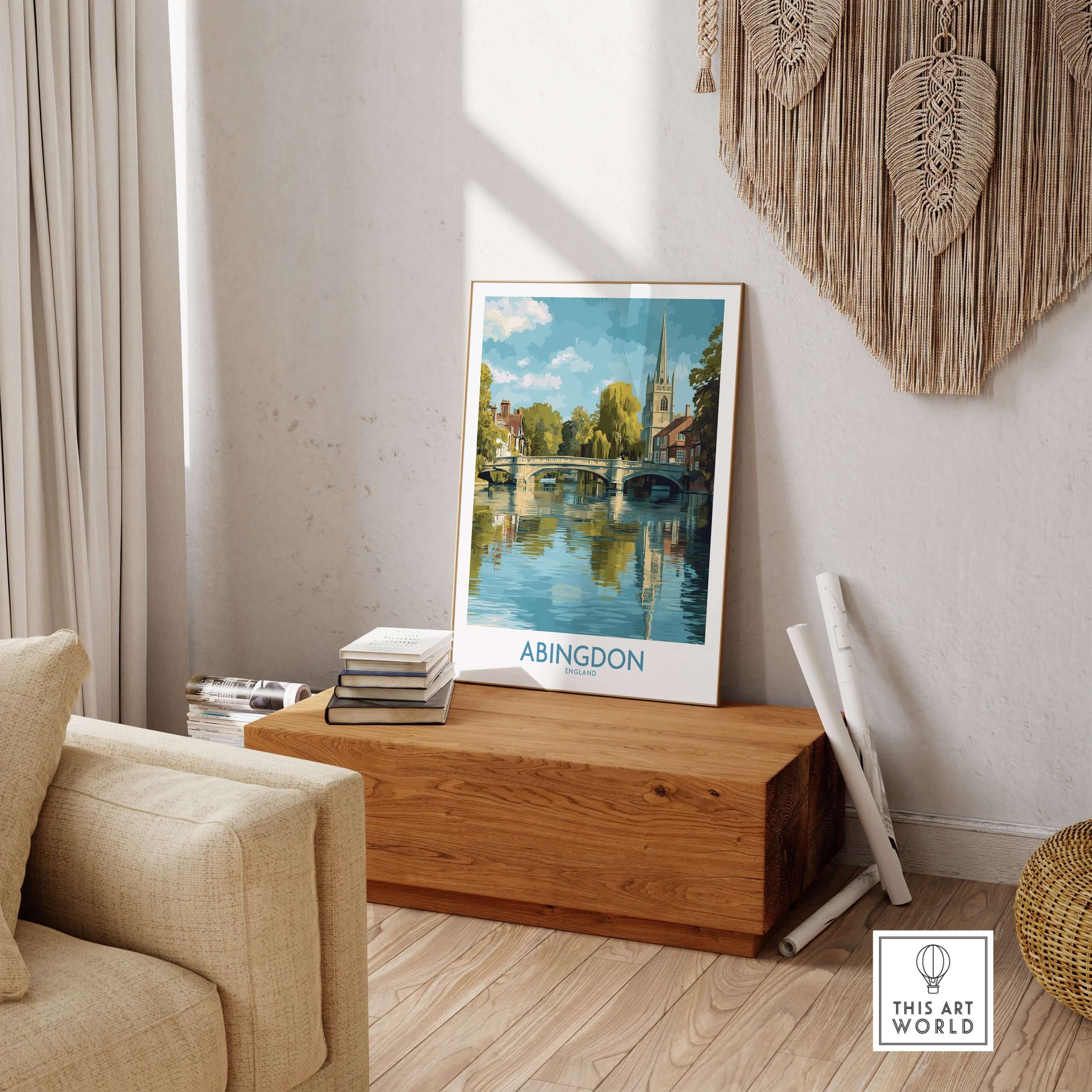 Abingdon Thames Valley Artwork - English Village Travel Poster displayed in a cozy living room setting.