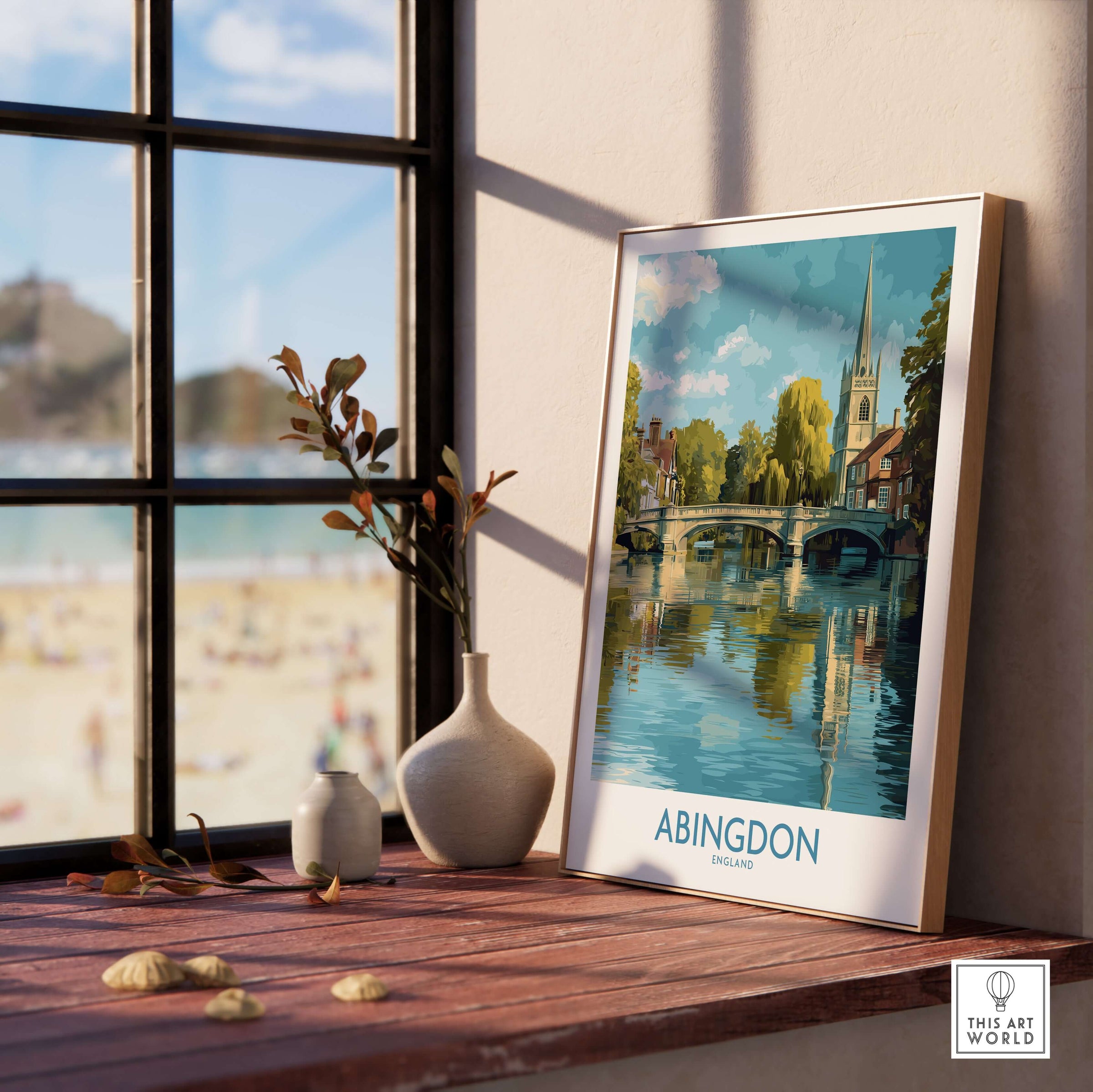 Abingdon Thames Valley Artwork - English Village Travel Poster framed in a sunny room by the window