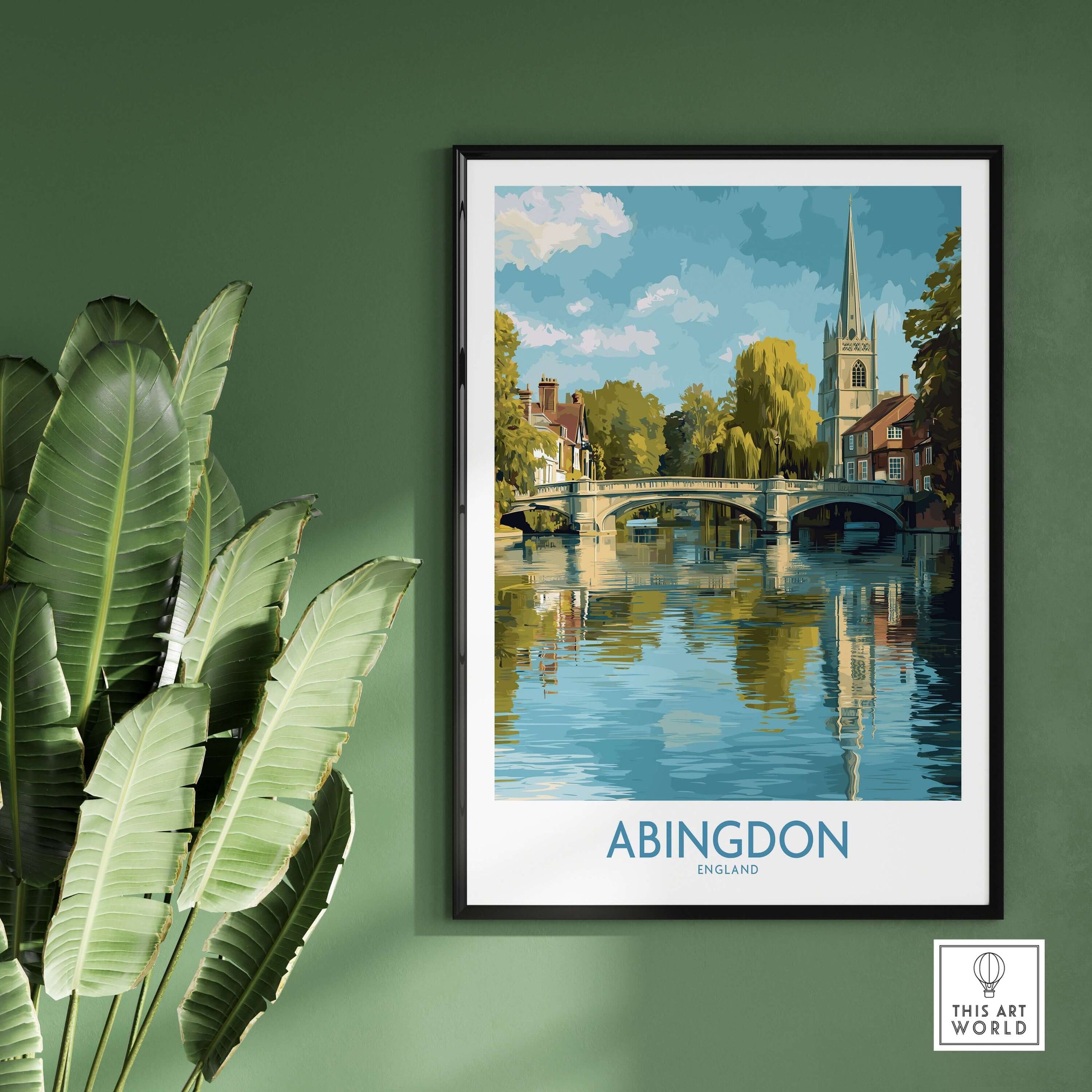 Abingdon Thames Valley Artwork - English Village Travel Poster featuring a scenic river view and charming buildings.