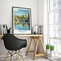 Abingdon Thames Valley Artwork - English Village Travel Poster displayed in a modern home office, showcasing village charm.