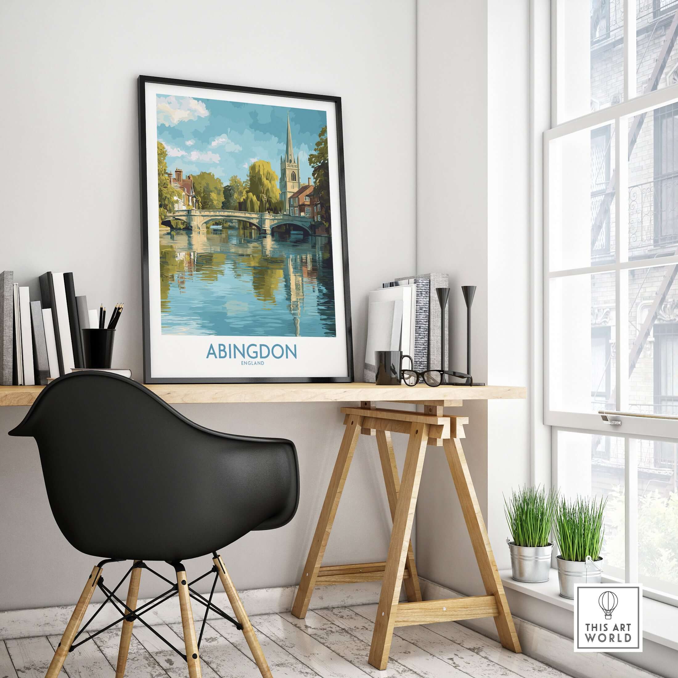 Abingdon Thames Valley Artwork - English Village Travel Poster displayed in a modern home office, showcasing village charm.