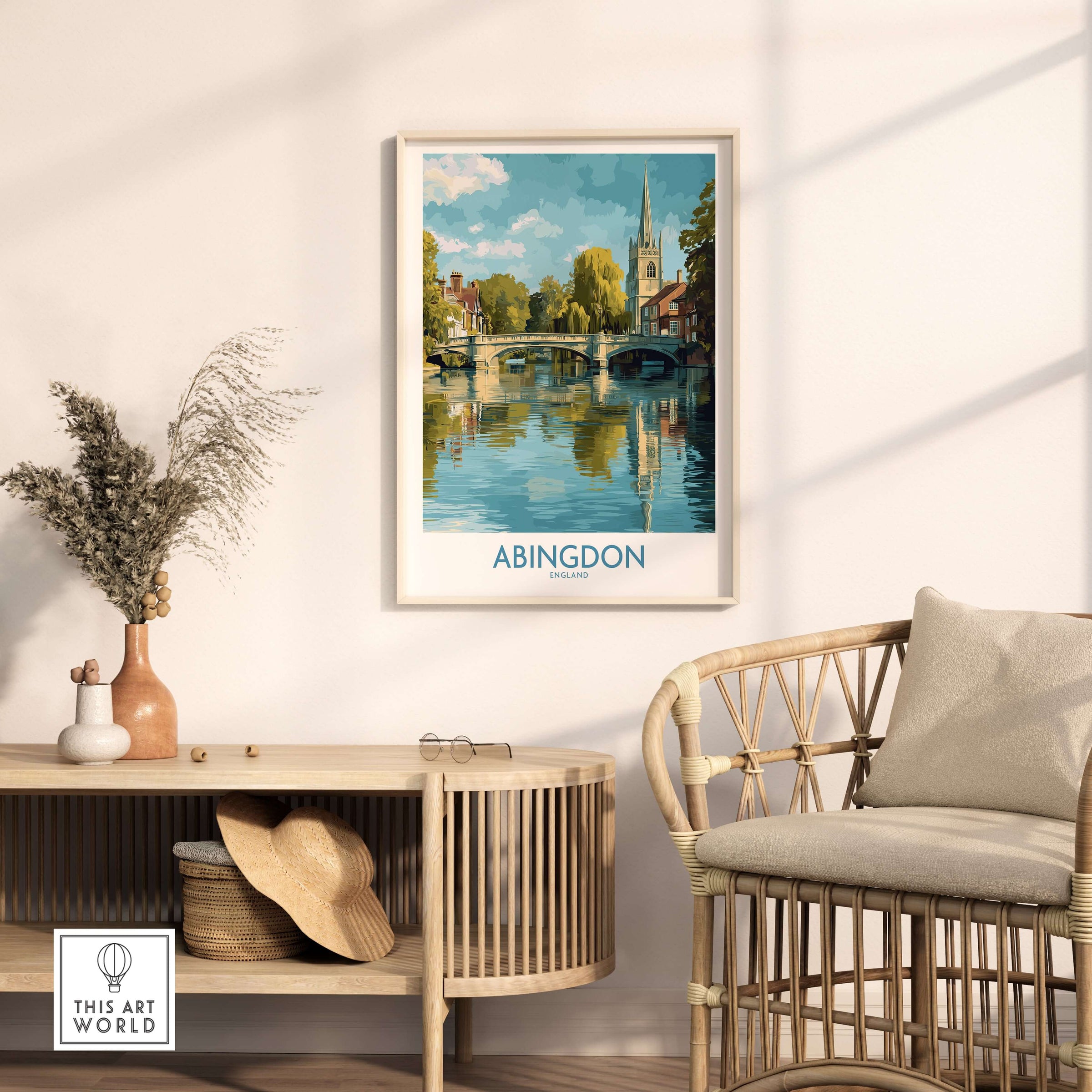 Abingdon Thames Valley Artwork - English Village Travel Poster showcasing a serene river scene and charming village architecture.