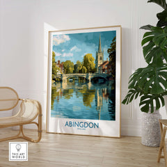 Abingdon Thames Valley Artwork - English Village Travel Poster featuring a picturesque river and bridge in Abingdon, England.