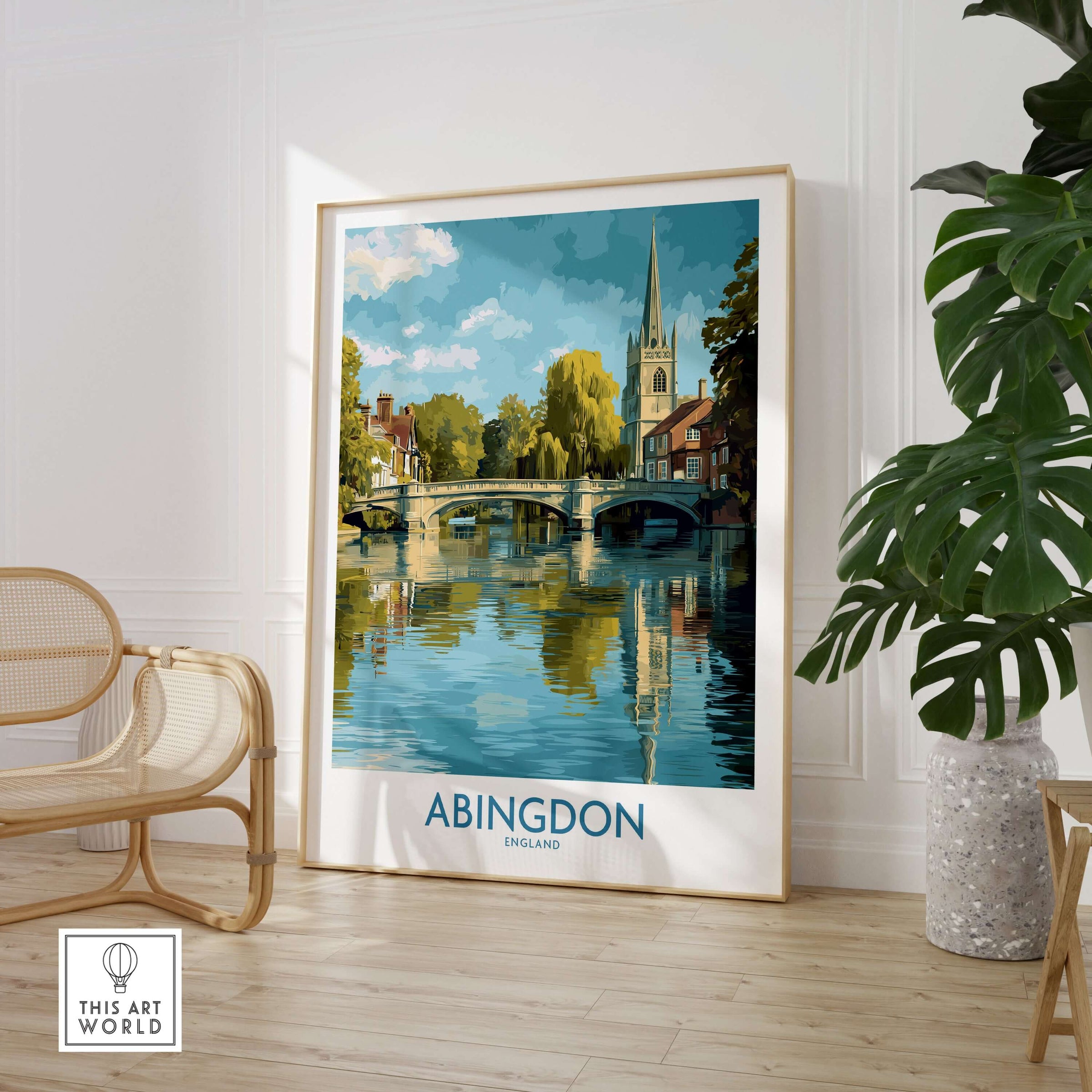 Abingdon Thames Valley Artwork - English Village Travel Poster featuring a picturesque river and bridge in Abingdon, England.