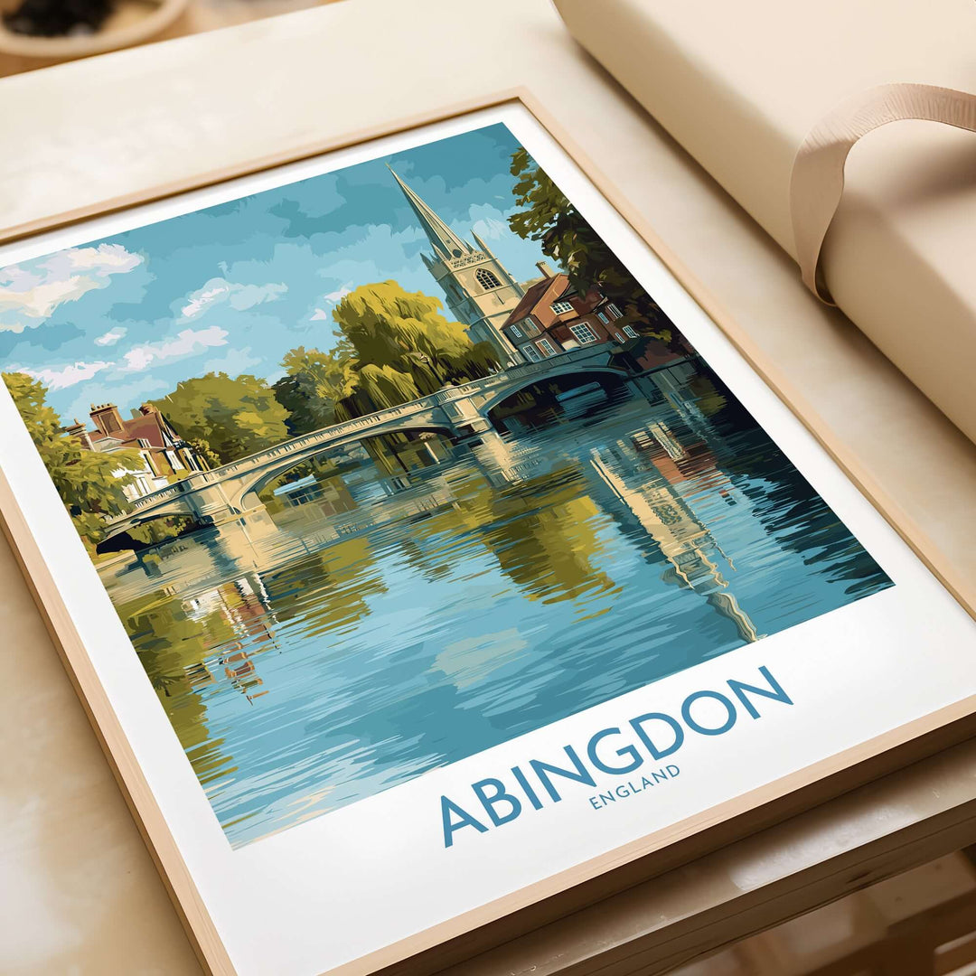 Abingdon Thames Valley artwork travel poster featuring a serene river and charming village scenery in England.