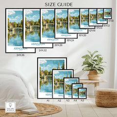 Abingdon Thames Valley Artwork - English Village Travel Poster size guide showcasing various frame sizes and placements.