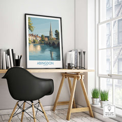 Abingdon UK Print - Picturesque Oxfordshire Townscape Art for Home Decor displayed in a stylish office setting.