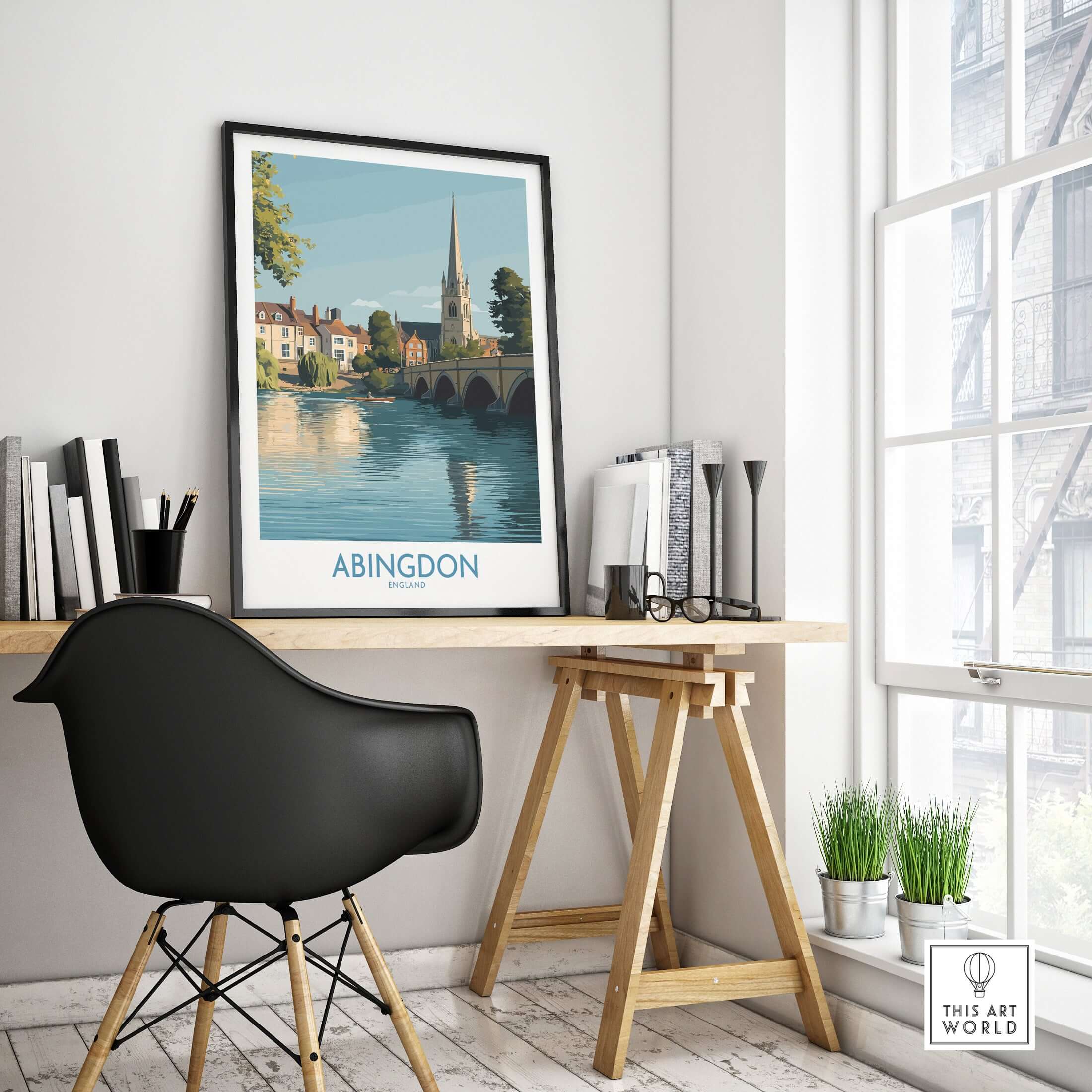 Abingdon UK Print - Picturesque Oxfordshire Townscape Art for Home Decor displayed in a stylish office setting.