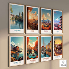 Abingdon UK Print - Picturesque Oxfordshire Townscape Art for Home Decor displayed among other city prints on a wall.