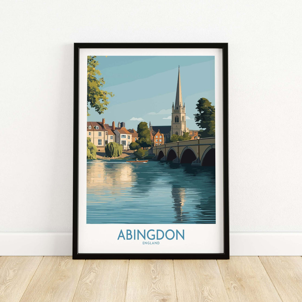 Abingdon UK print showcasing a charming townscape with a bridge and church, ideal for home decor.
