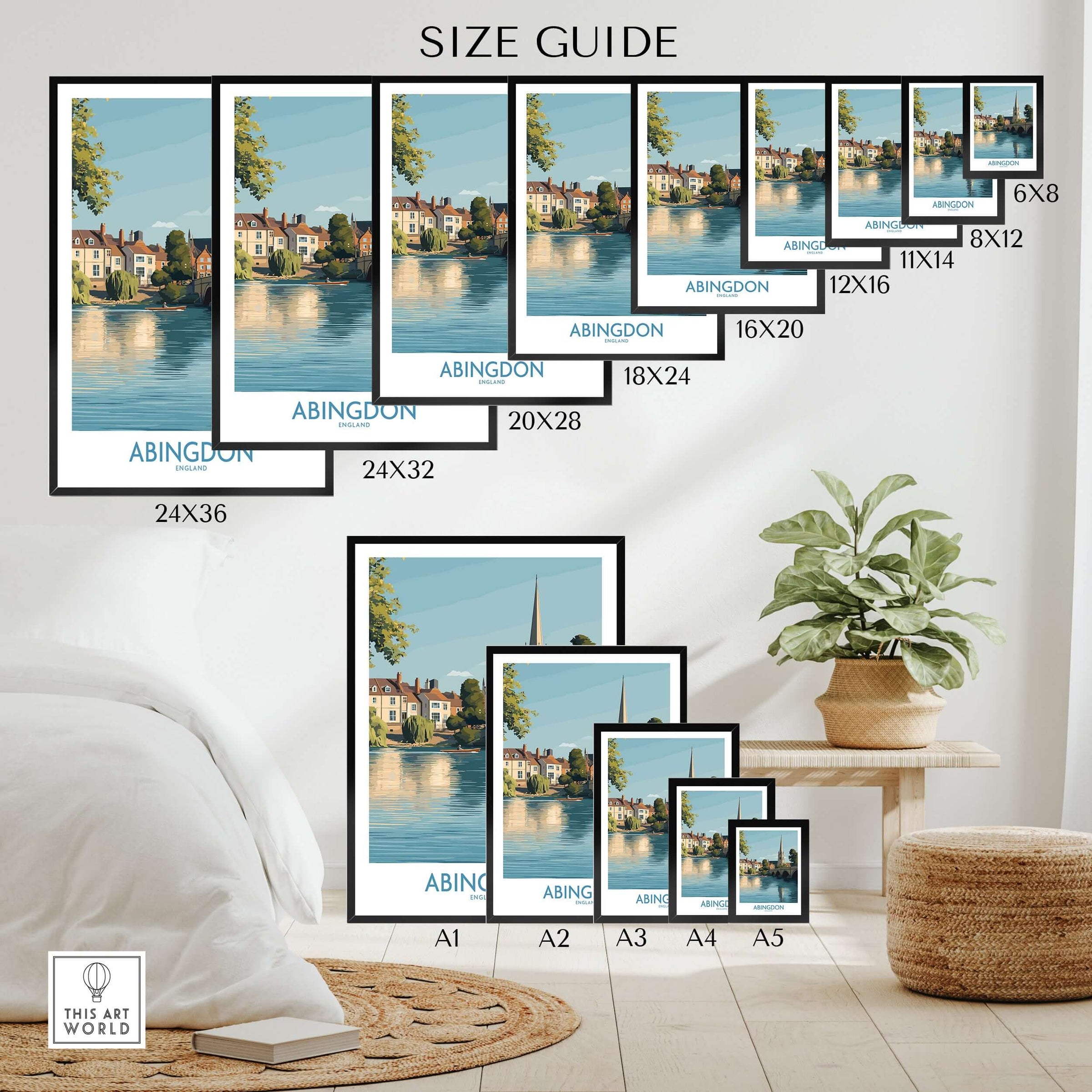 Abingdon UK Print - Picturesque Oxfordshire Townscape Art for Home Decor size guide with various frame options.