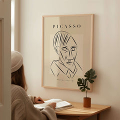 Picasso Man Portrait Sharp Lines Abstract Face Poster Modern Gallery Print Wall Art displayed in a cozy interior setting.