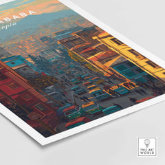 Addis Ababa Ethiopia City Street Poster - Vibrant Urban Wall Art showcasing a bustling street scene with colorful buildings and cars.