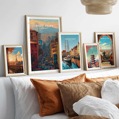 Addis Ababa Ethiopia City Street Poster - Vibrant Urban Wall Art displayed among framed city posters on a stylish bed.