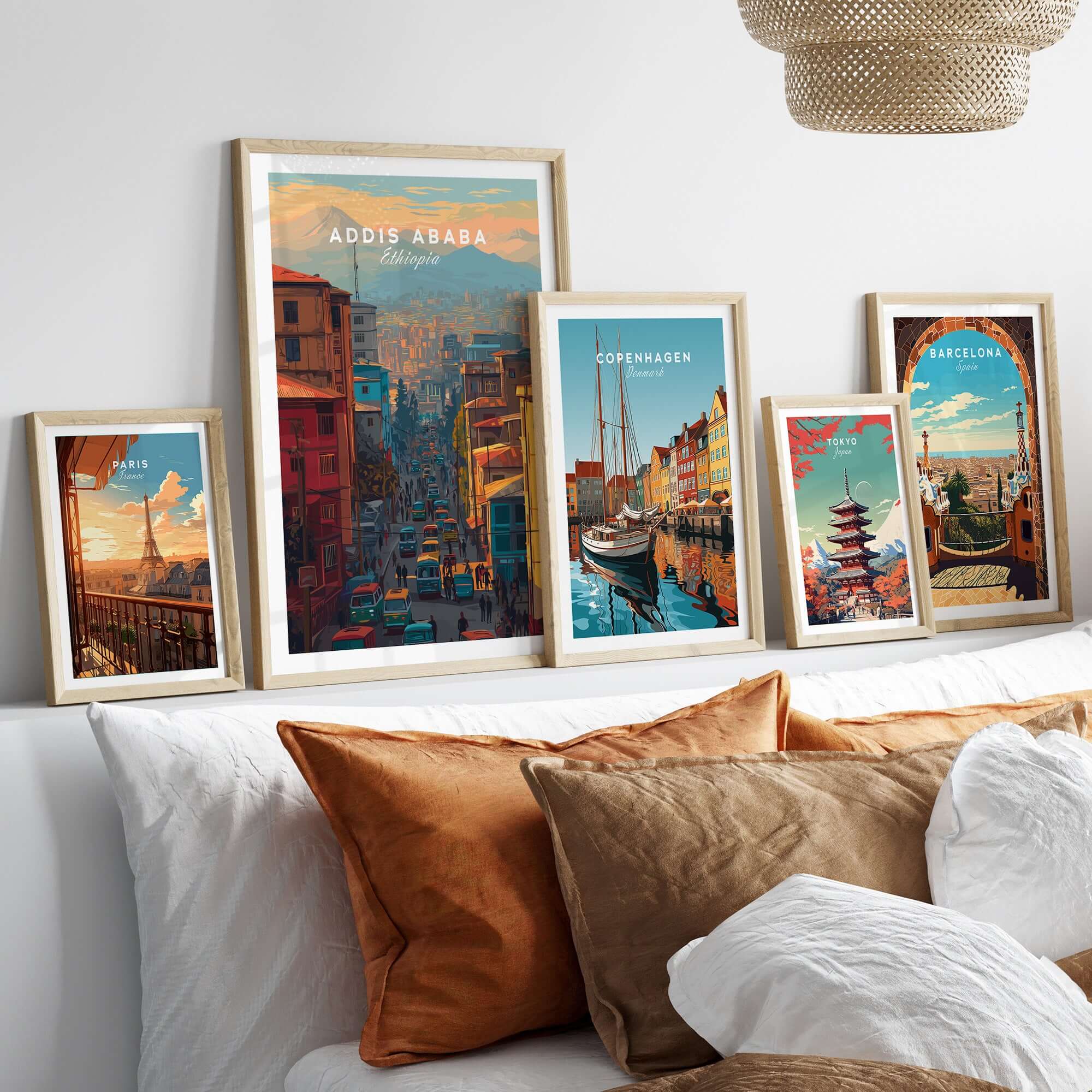 Addis Ababa Ethiopia City Street Poster - Vibrant Urban Wall Art displayed among framed city posters on a stylish bed.
