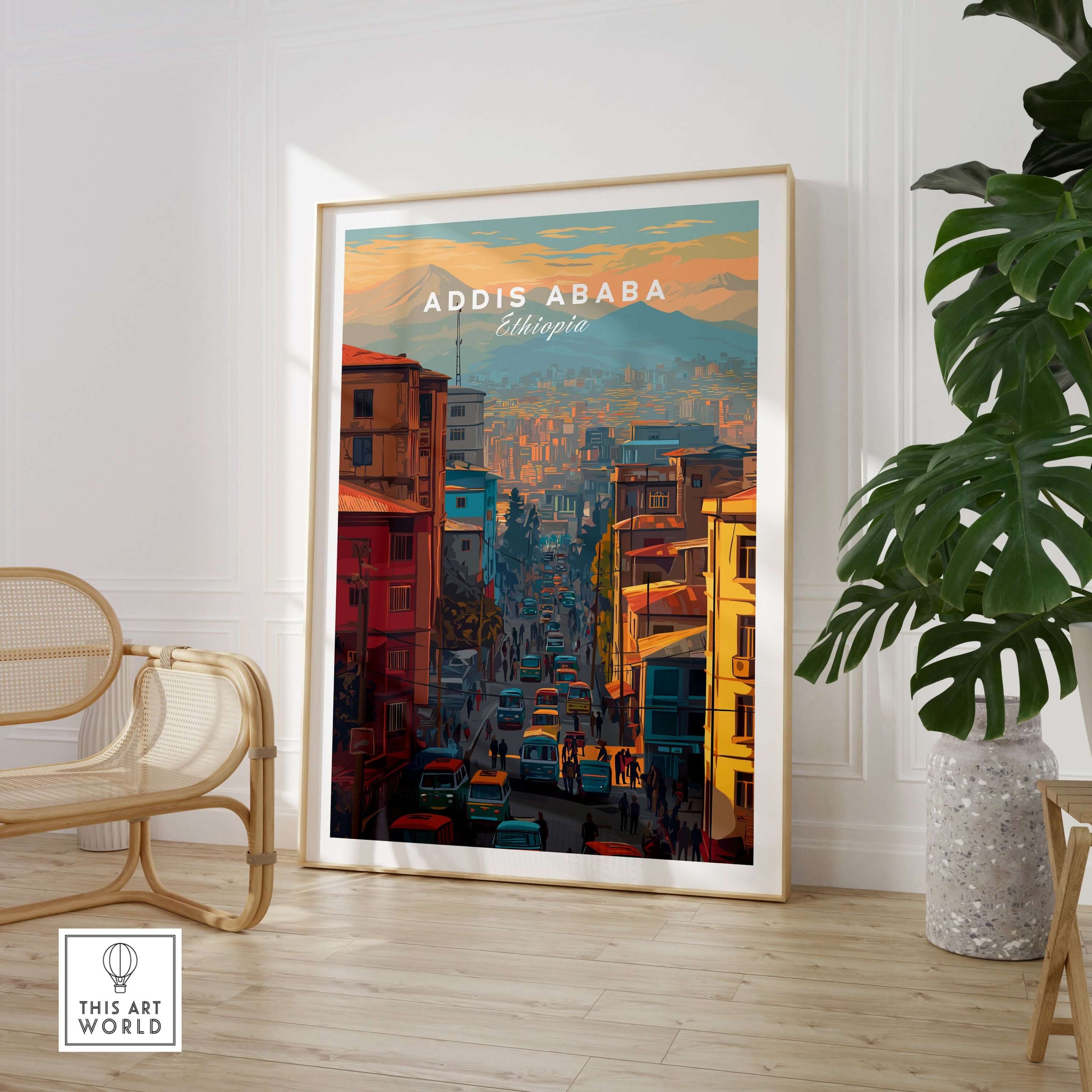 Addis Ababa Ethiopia City Street Poster - Vibrant Urban Wall Art displayed in a stylish living room setting.