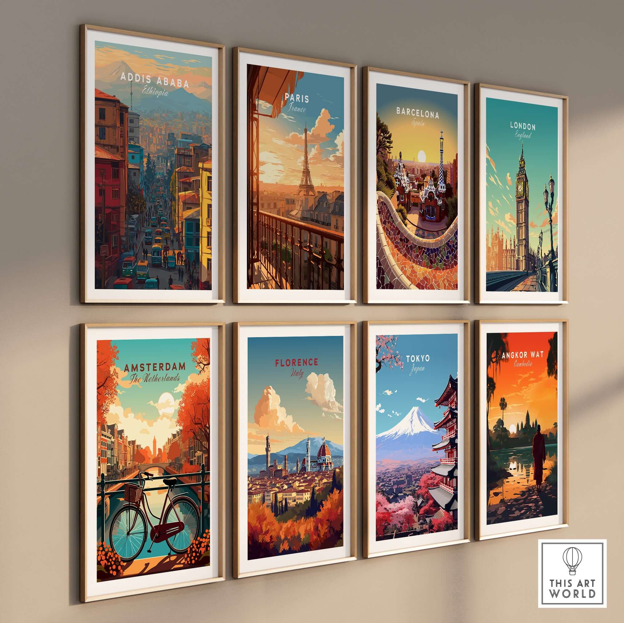 Addis Ababa Ethiopia City Street Poster - Vibrant Urban Wall Art featured among iconic city posters on a gallery wall.