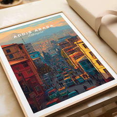 Addis Ababa Ethiopia City Street Poster - Vibrant Urban Wall Art showcasing a colorful street view of Addis Ababa.