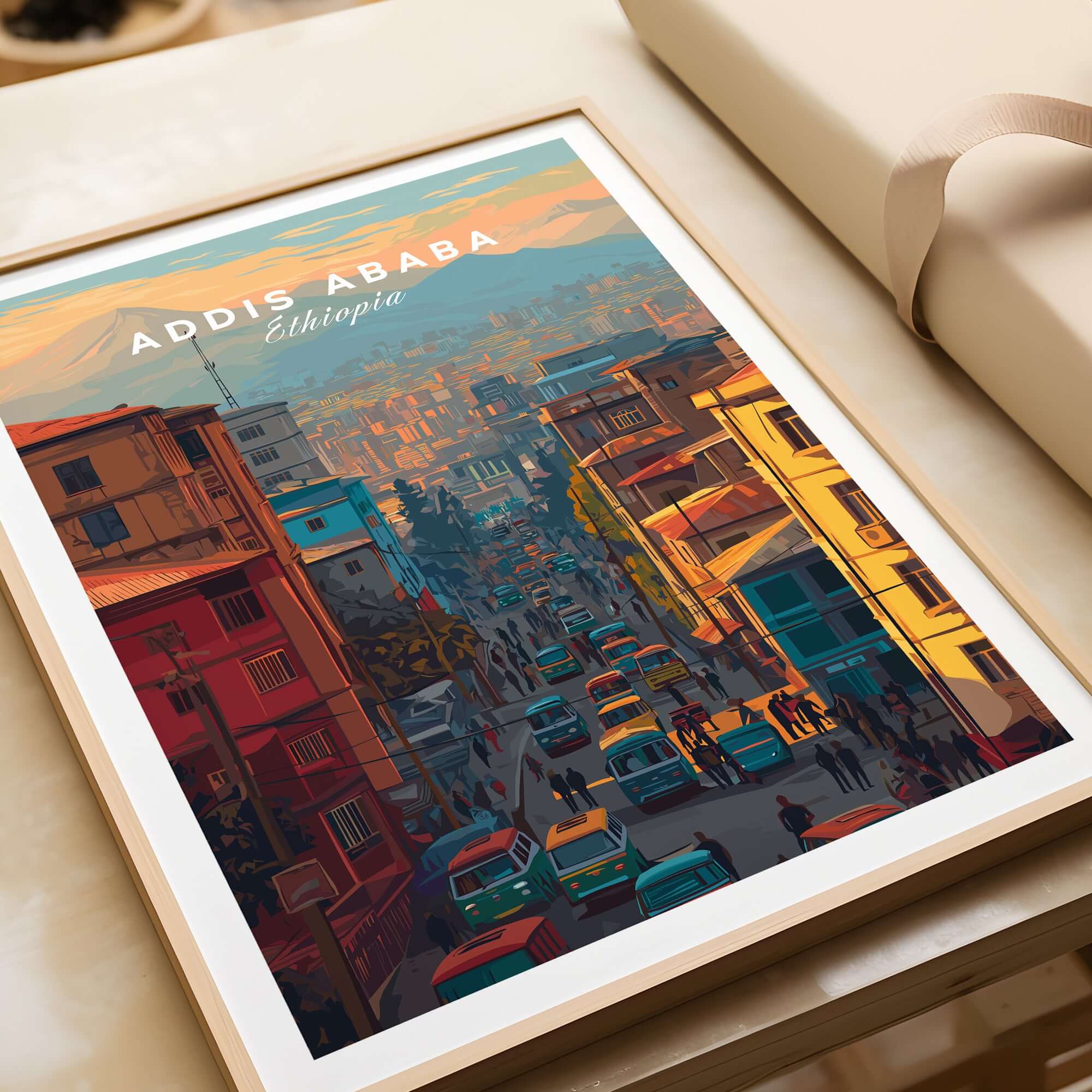 Addis Ababa Ethiopia City Street Poster - Vibrant Urban Wall Art showcasing a colorful street view of Addis Ababa.