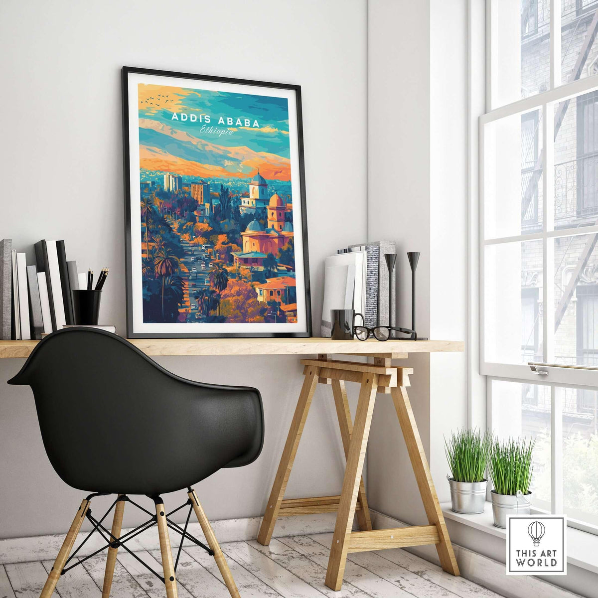 Addis Ababa Ethiopia Sunset Poster - African Cityscape Art Print displayed in a modern home office setting.