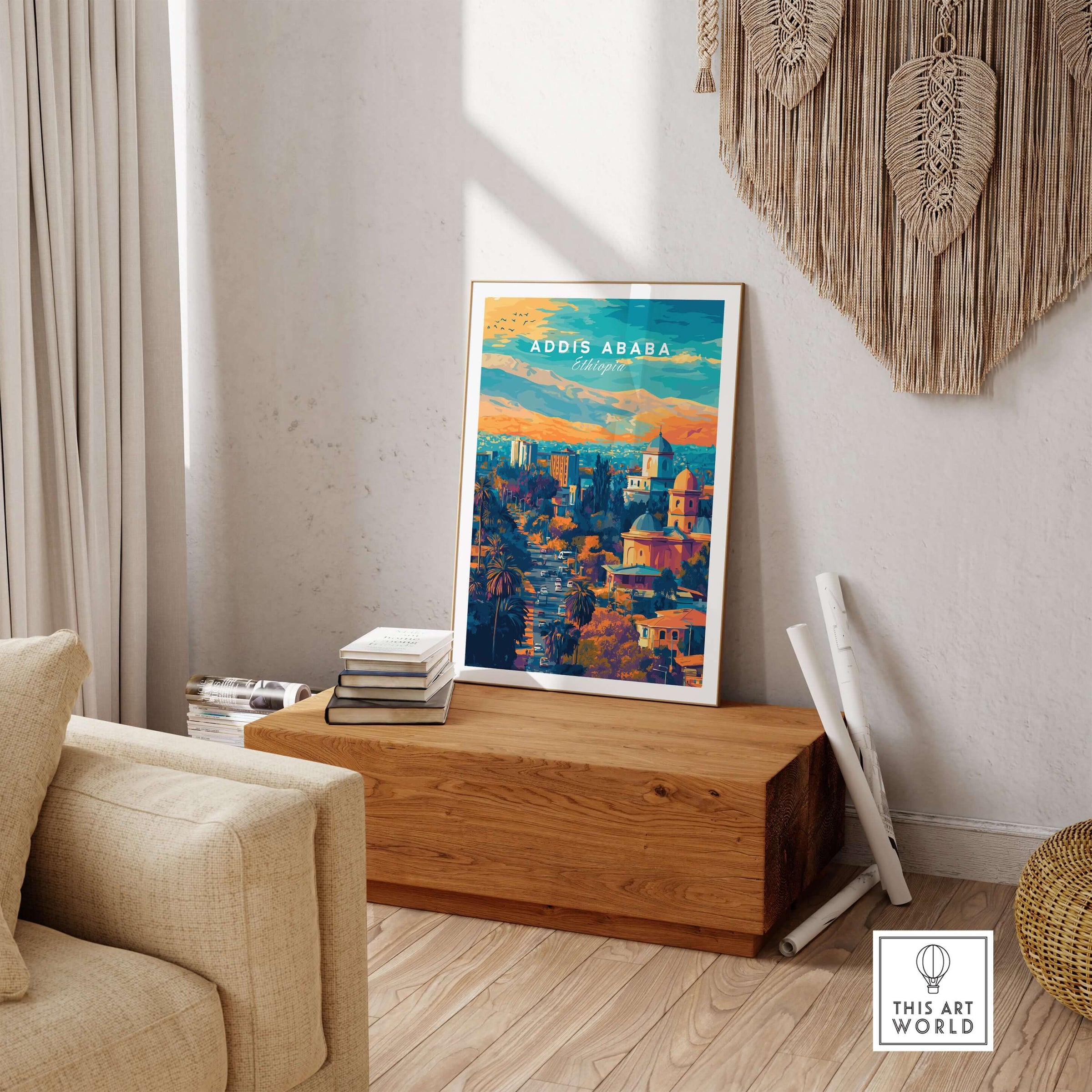 Addis Ababa Ethiopia Sunset Poster - African Cityscape Art Print displayed in a cozy living room setting.