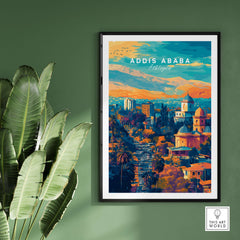 Addis Ababa Ethiopia Sunset Poster - African Cityscape Art Print showcasing a vibrant cityscape with lush greenery.