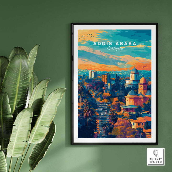 Addis Ababa sunset poster featuring vibrant Ethiopian cityscape and lush greenery.