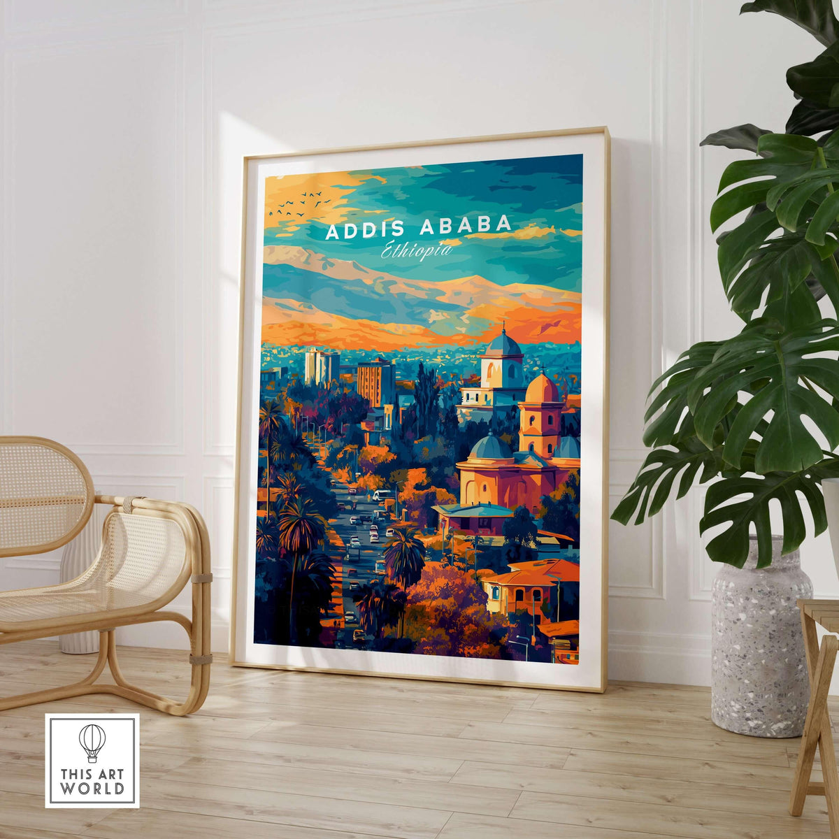 Addis Ababa Ethiopia Sunset Poster - African Cityscape Art Print displayed in a modern living room setting.