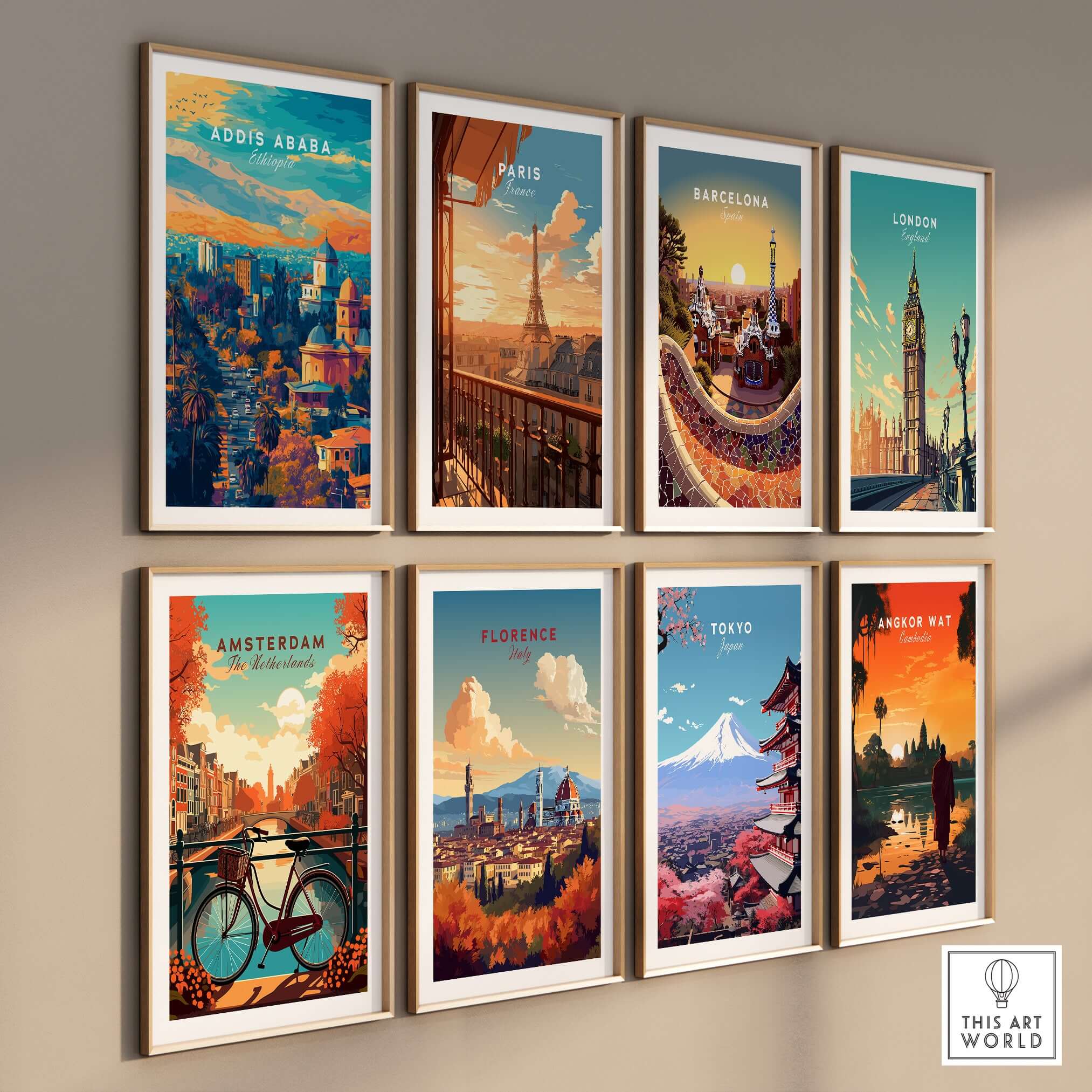 Addis Ababa Ethiopia Sunset Poster - African Cityscape Art Print showcased among other city posters on a gallery wall.