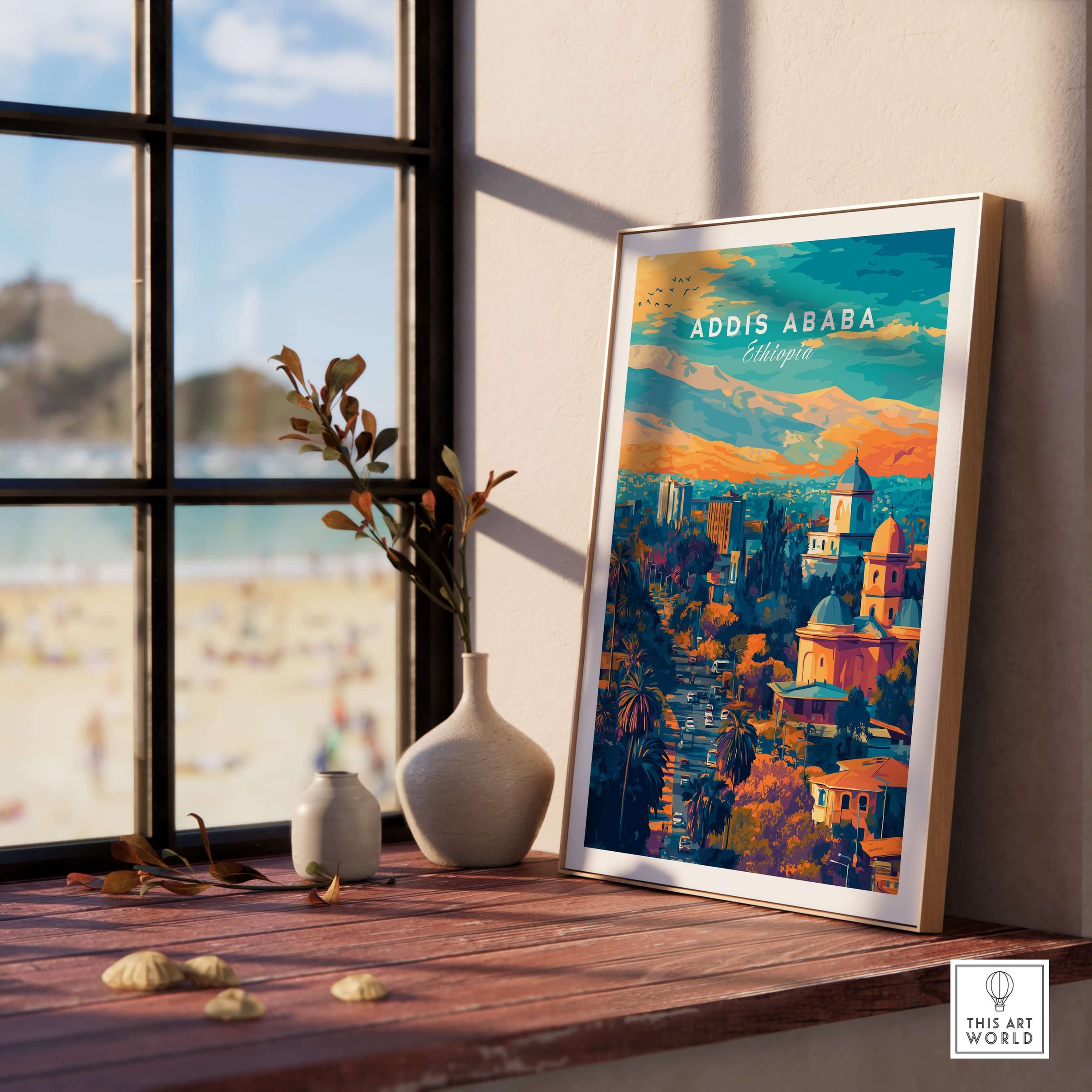 Addis Ababa Ethiopia Sunset Poster - African Cityscape Art Print displayed in a sunny interior setting with a beach view.