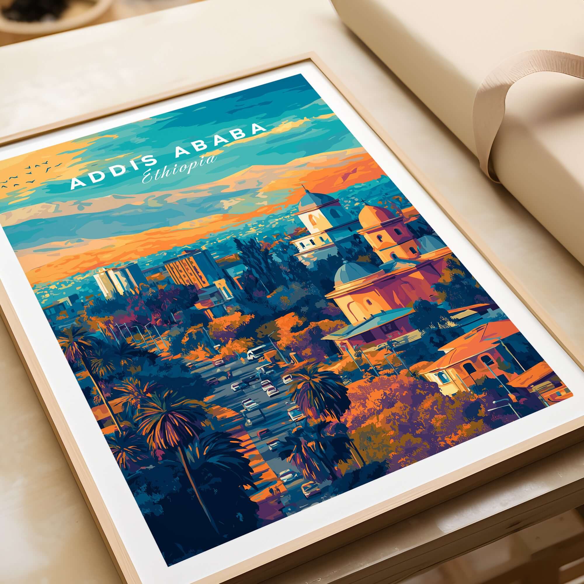 Addis Ababa Ethiopia Sunset Poster - African Cityscape Art Print showcasing a vibrant aerial view of the city.