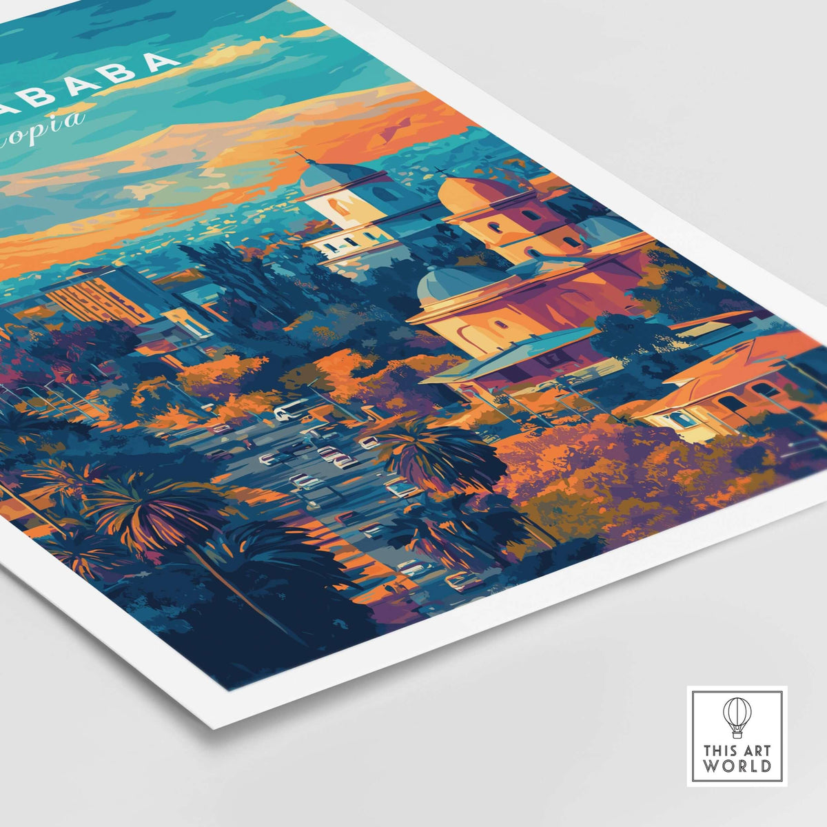 Addis Ababa Ethiopia Sunset Poster - African Cityscape Art Print featuring a vibrant skyline at sunset.
