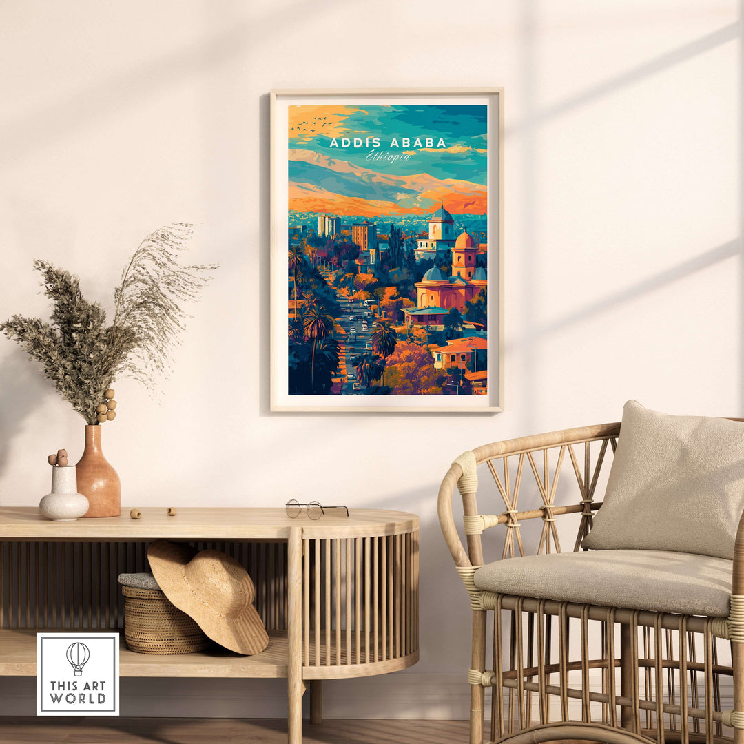 Addis Ababa sunset poster art print displayed in a stylish living room setting, showcasing vibrant Ethiopian cityscape.