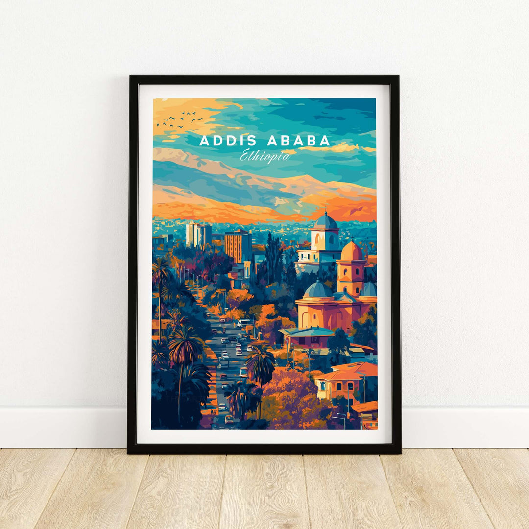 Colorful Addis Ababa sunset poster showcasing Ethiopian cityscape art print on wall.