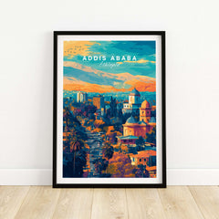 Addis Ababa Ethiopia Sunset Poster - African Cityscape Art Print showcasing vibrant city views and stunning sunset colors.