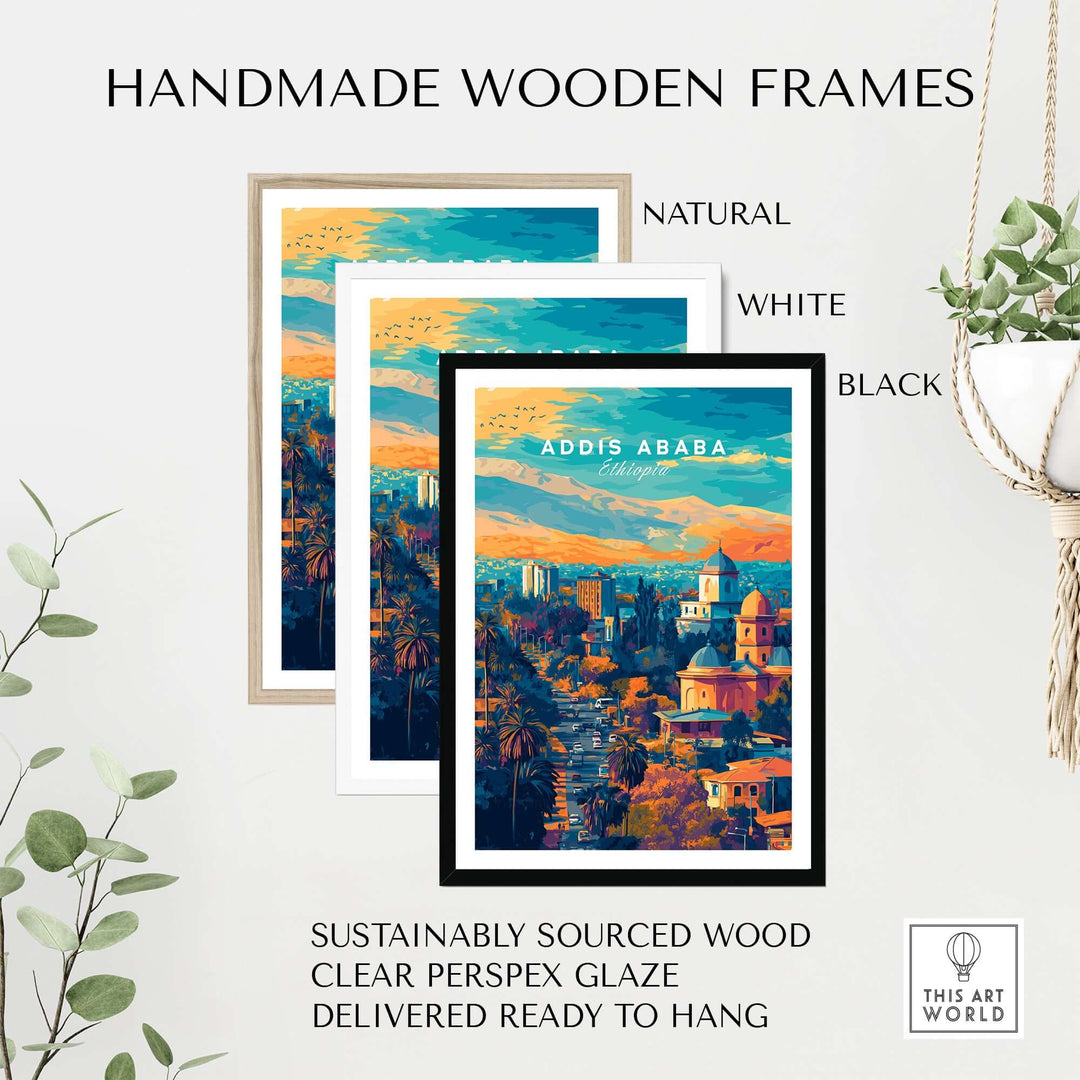 Handmade wooden frames in natural, white, and black, showcasing Addis Ababa sunset poster, sustainably sourced wood.