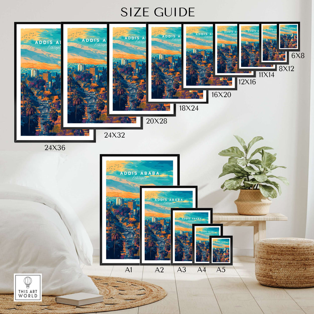 Size guide for Addis Ababa Ethiopia sunset poster displayed in various frame sizes, showcasing vibrant cityscape art.