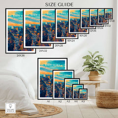 Size guide for Addis Ababa Ethiopia Sunset Poster - African Cityscape Art Print framed options on display.