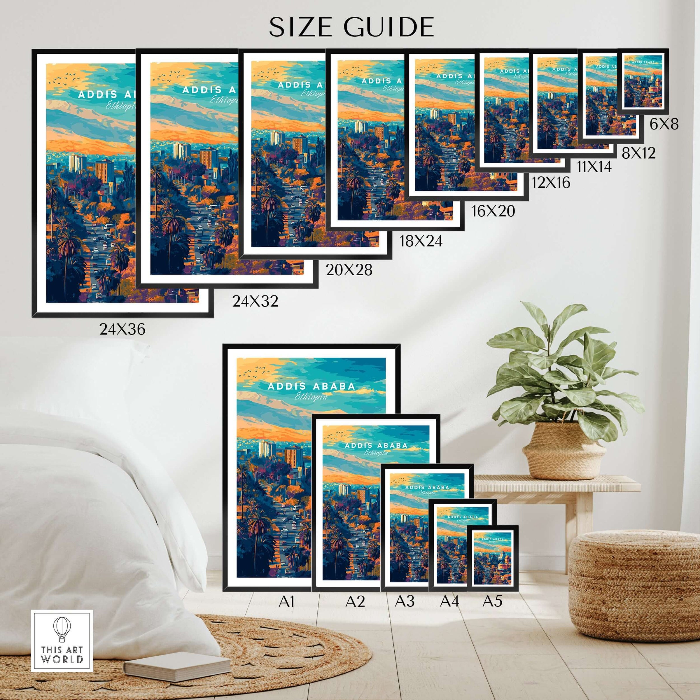 Size guide for Addis Ababa Ethiopia Sunset Poster - African Cityscape Art Print framed options on display.