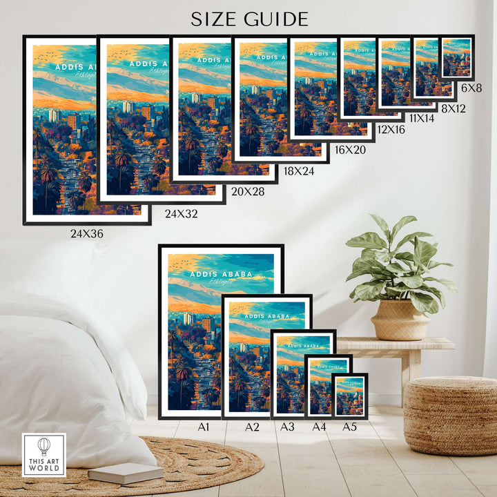Size guide for Addis Ababa Ethiopia sunset poster displayed in various frame sizes, showcasing vibrant cityscape art.