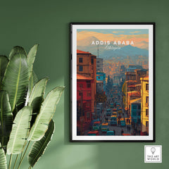 Addis Ababa Ethiopia City Street Poster - Vibrant Urban Wall Art featuring a colorful cityscape in a framed design.