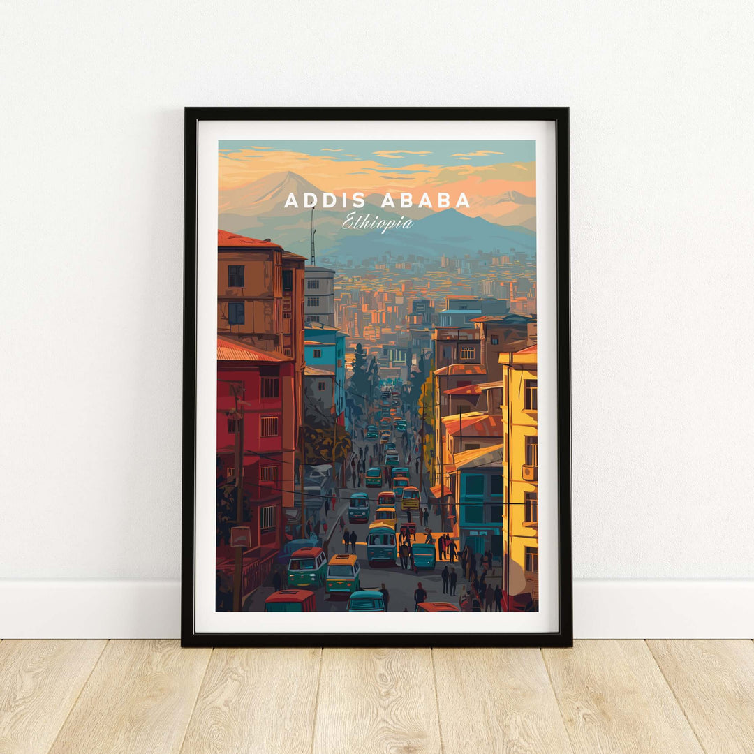 Addis Ababa Ethiopia city street poster showcasing vibrant urban life and colorful buildings.