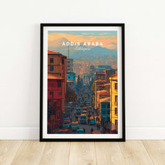 Addis Ababa Ethiopia City Street Poster - Vibrant Urban Wall Art featuring a colorful cityscape.
